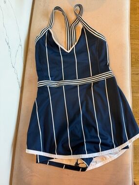 FP Movement by Free People Navy & White Striped Jumpsuit Romper